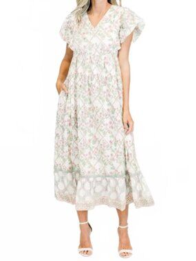Clara The Label Floral White Lyra Midi Dress with Pink & Green Print 100% Cotton